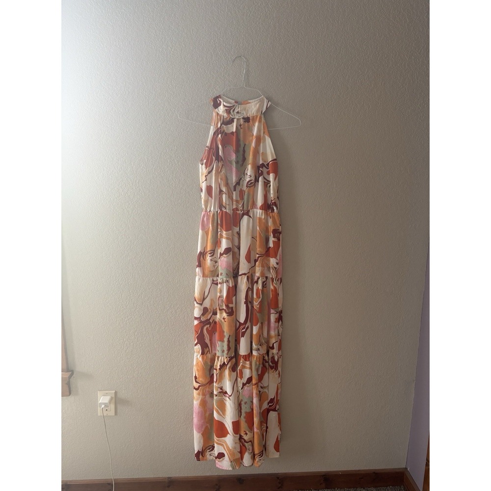 Abstract  Floral Halter Dress Tiered Skirt Flowy Summer Sundress Sz 4